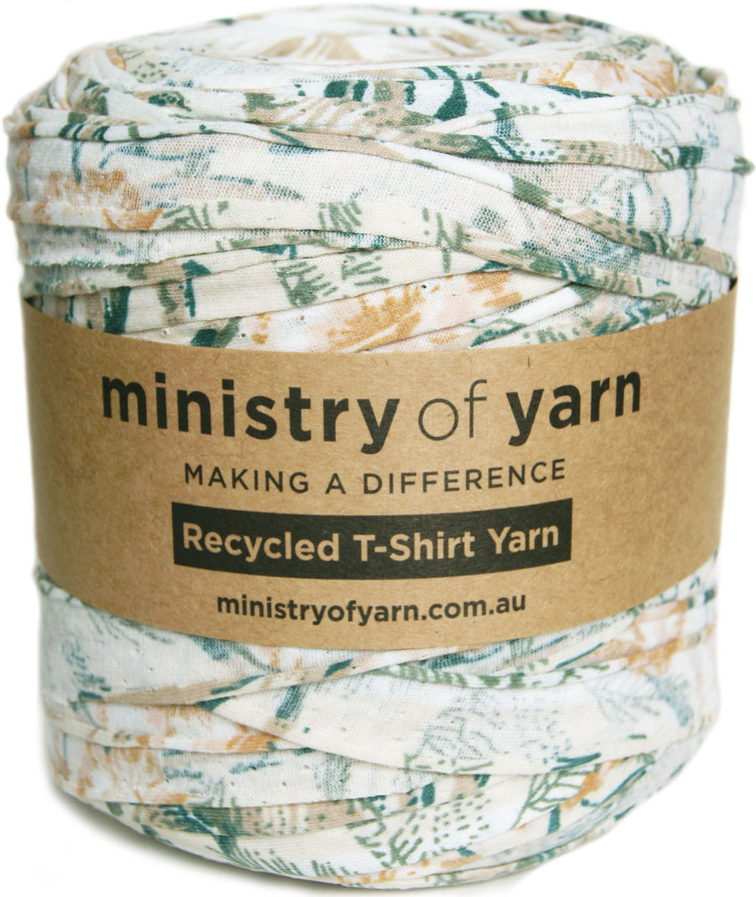 A spool of Ministry of Yarn recycled T-shirt yarn wrapped in a brown paper label, featuring a green and beige botanical pattern on a white background.