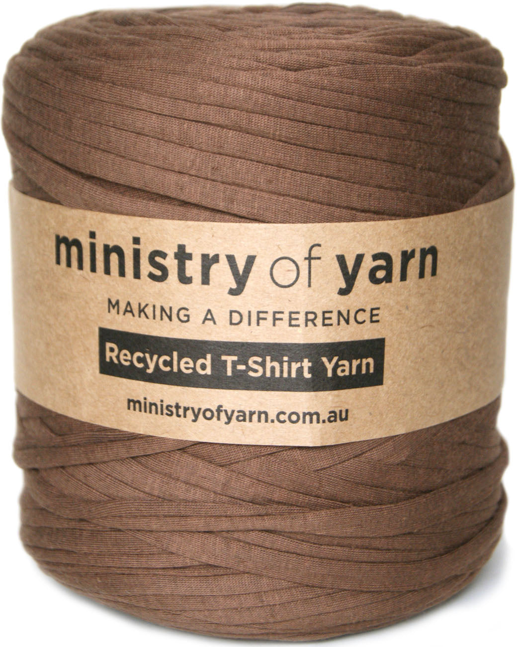 A spool of brown recycled t-shirt yarn wrapped in a kraft paper label that reads 'ministry of yarn'.