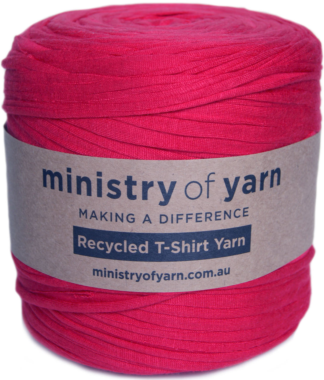 A ball of bright pink recycled T-shirt yarn wrapped with a brown paper label that reads 'ministry of yarn' and 'Recycled T-Shirt Yarn'.