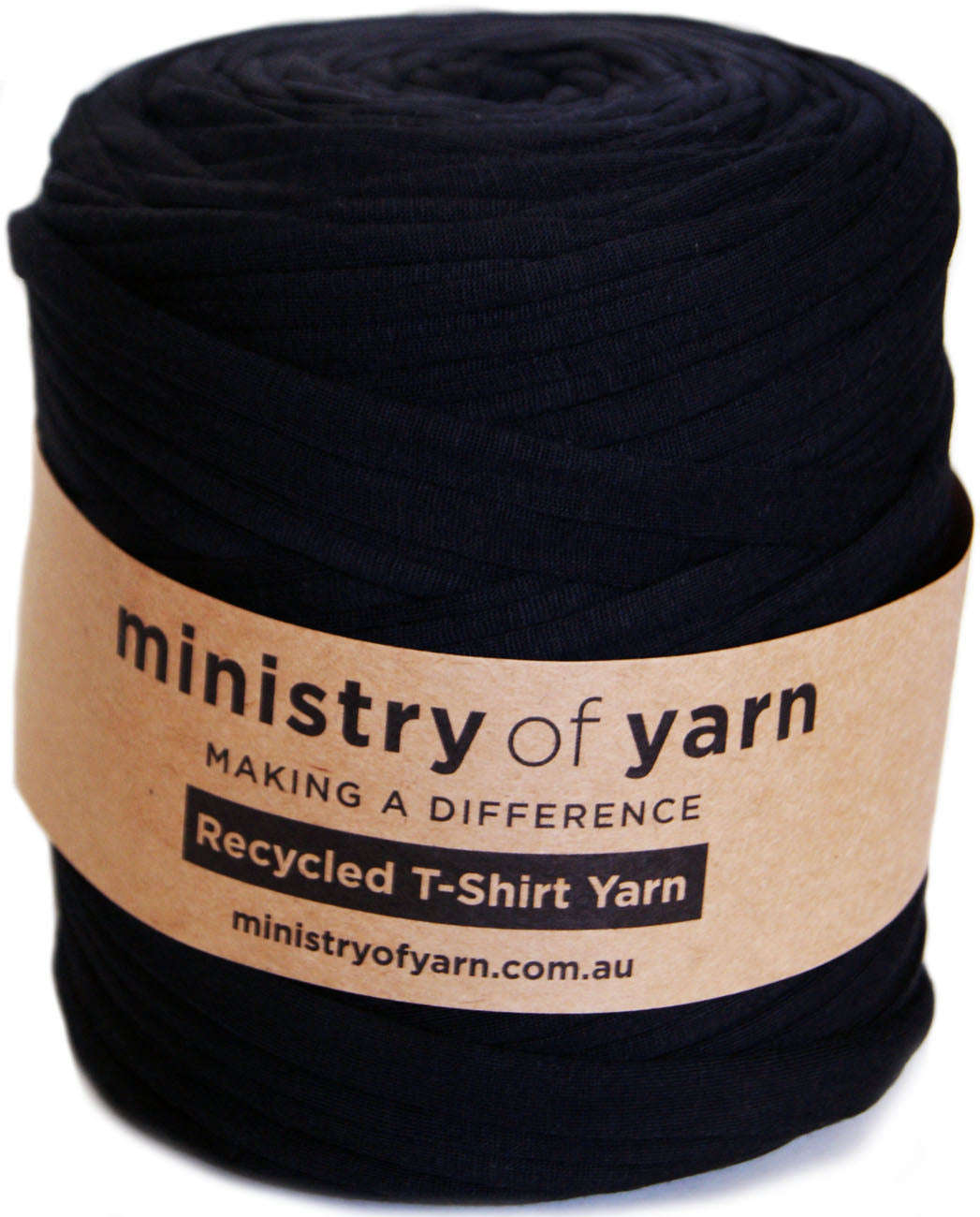 A roll of black recycled T-shirt yarn wrapped with a kraft paper label that reads 'ministry of yarn' and 'Recycled T-Shirt Yarn'.