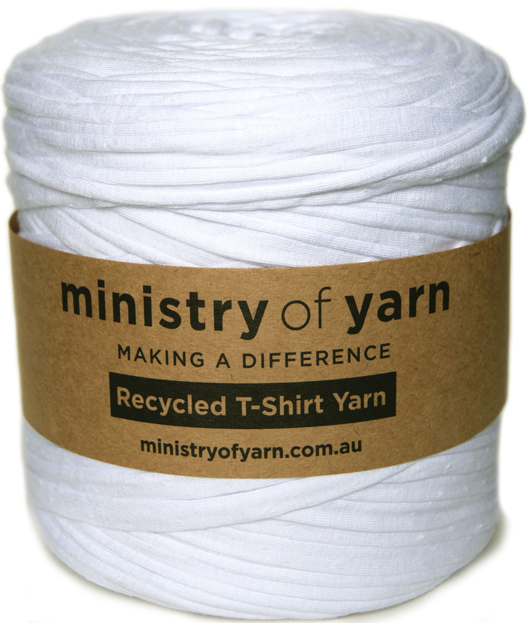 A roll of white recycled T-shirt yarn wrapped with a brown paper label that reads 'ministry of yarn' and 'Recycled T-Shirt Yarn'.