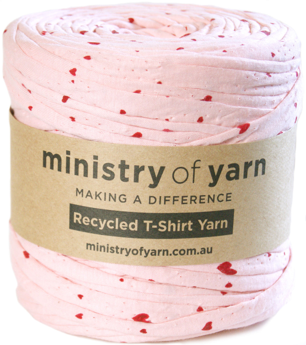 Light pink with red hearts recycled tshirt yarn Australia Ministry of Yarn