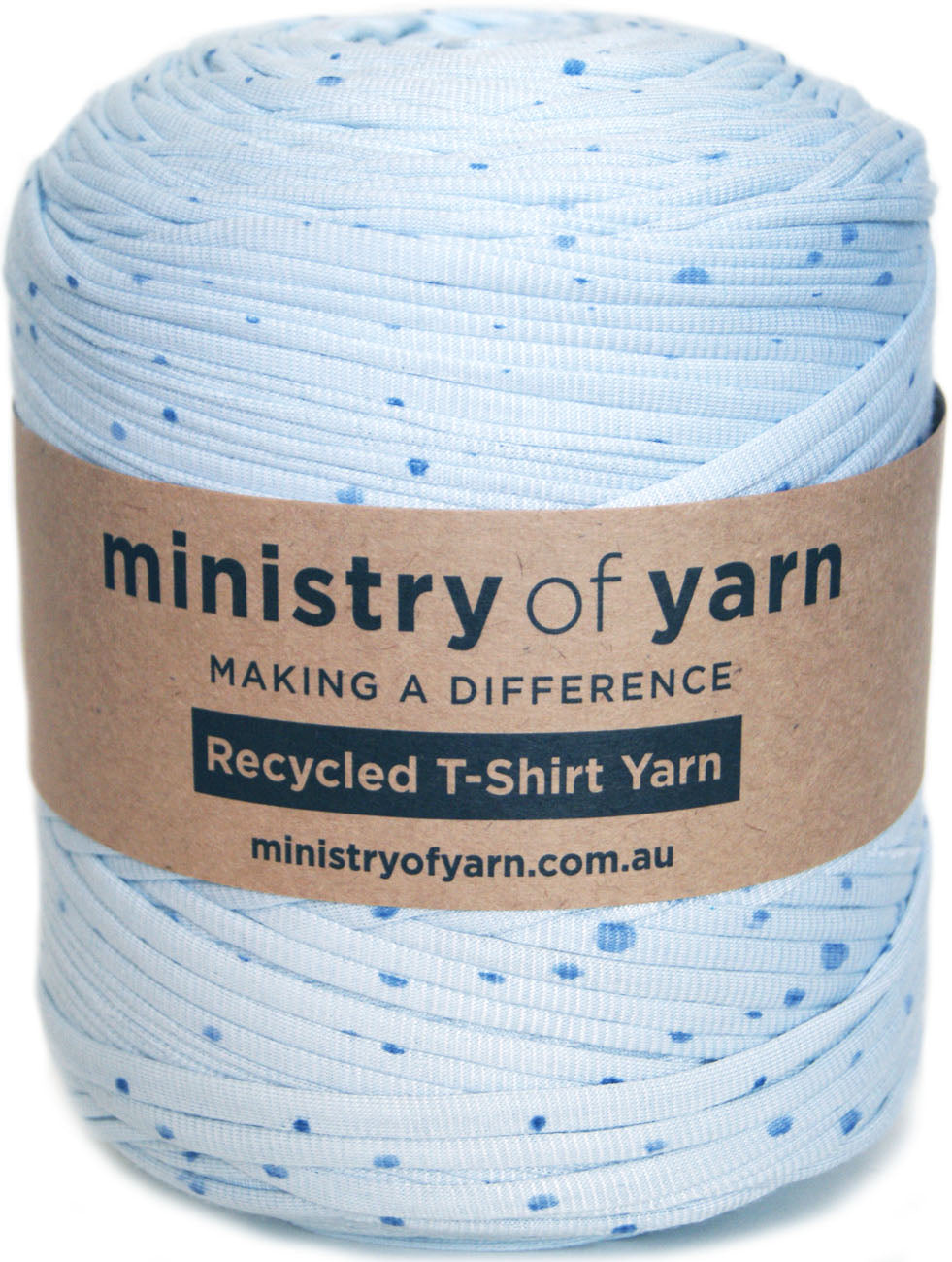A ball of light blue and spotted recycled T-shirt yarn with a brown paper label reading 'ministry of yarn' and 'Recycled T-Shirt Yarn'.