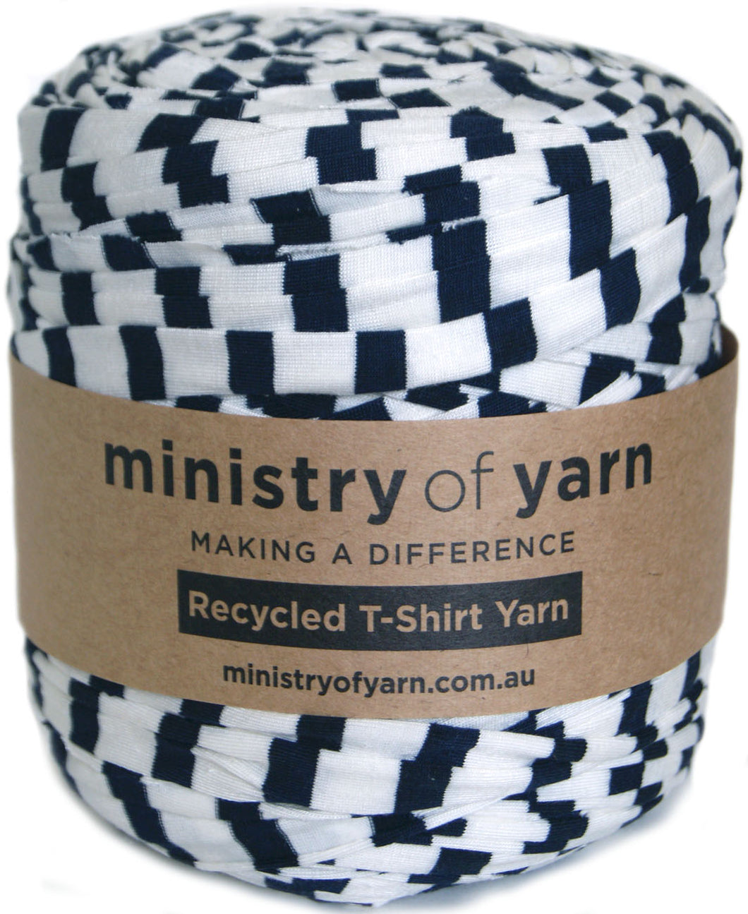 A roll of Ministry of Yarn recycled T-shirt yarn with a navy-and-white striped pattern, wrapped with a brown paper label.