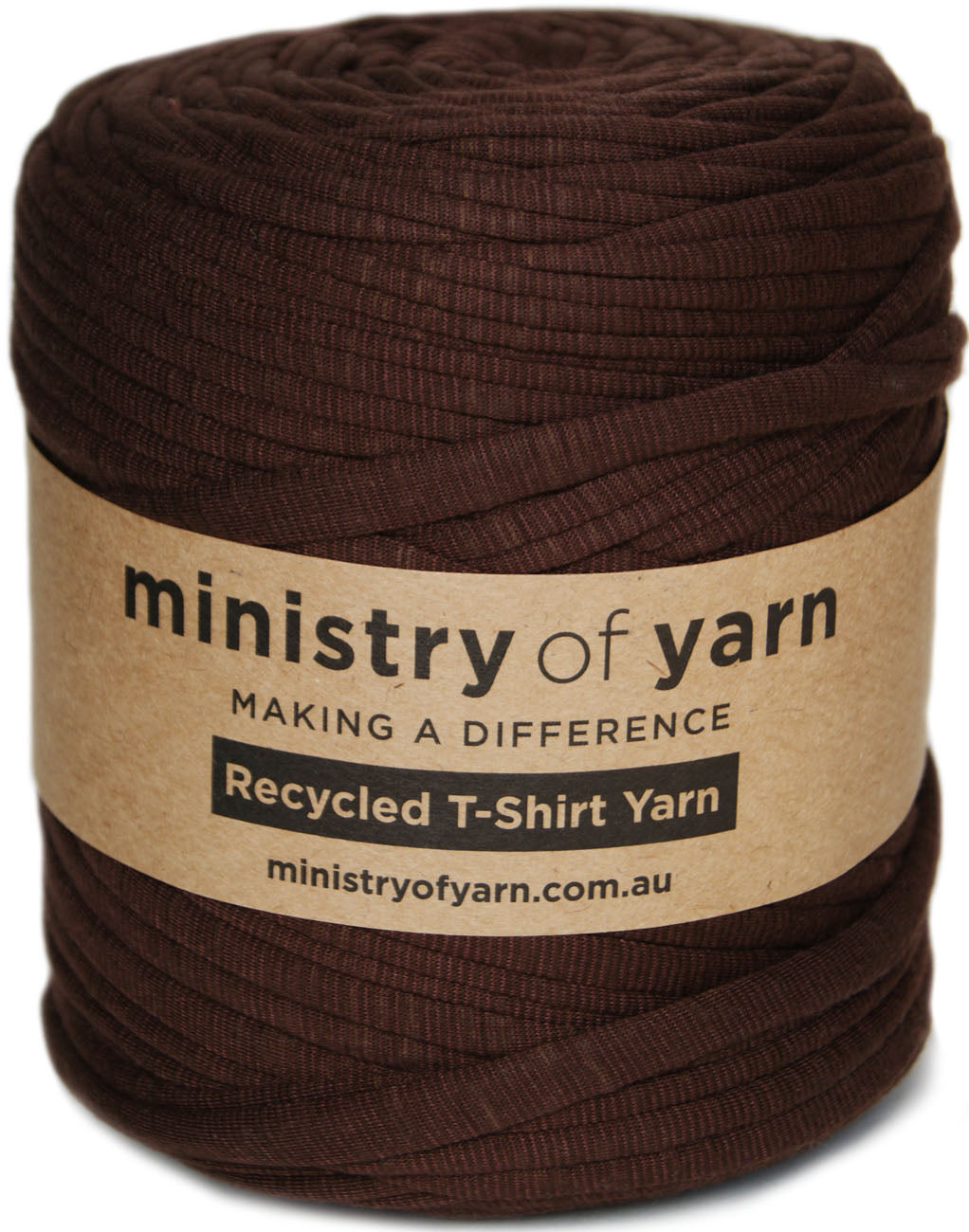 A large spool of dark brown recycled t-shirt yarn wrapped with a kraft paper label that reads 'ministry of yarn'.