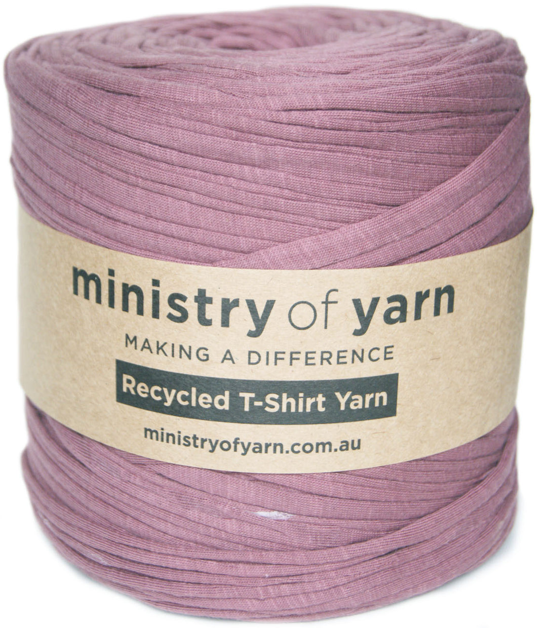 A roll of dusty mauve recycled T-shirt yarn with a kraft paper label reading 'ministry of yarn' and 'Recycled T-Shirt Yarn'.