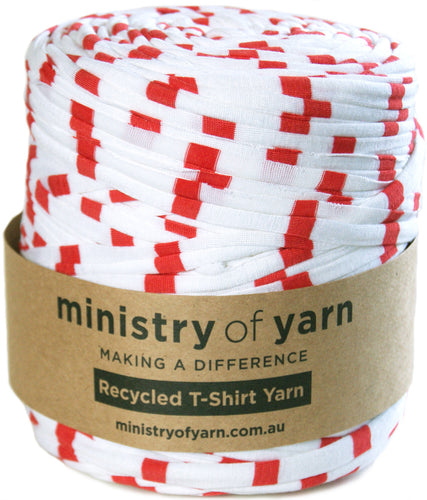 Red and white stripes printed recycled tshirt yarn Australia Ministry of Yarn