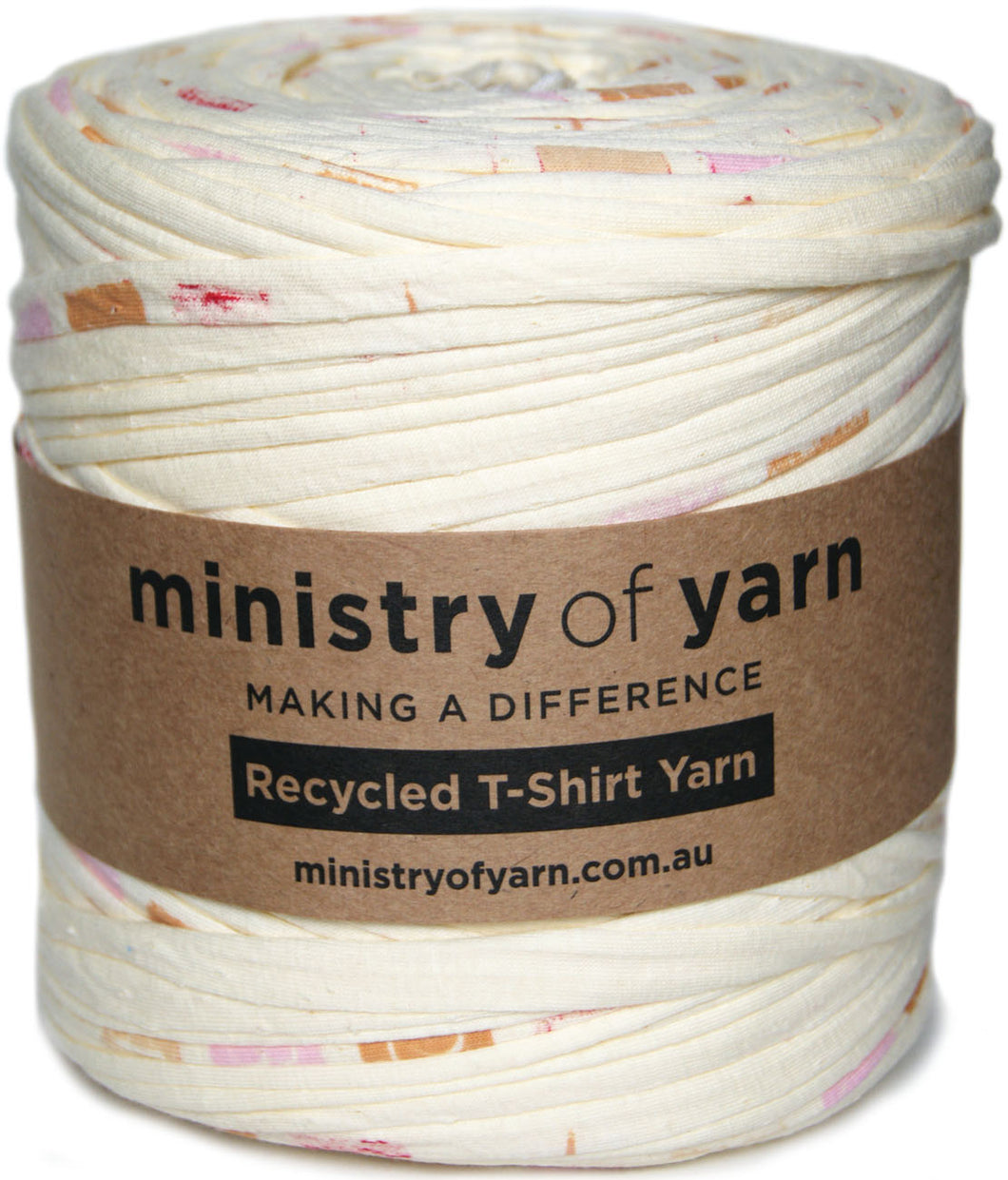 A spool of Ministry of Yarn recycled T-shirt yarn, wound around a brown paper label. The yarn is light yellow with small pink, orange, and beige flecks, and the label reads 'ministry of yarn' and 'Recycled T-Shirt Yarn'.