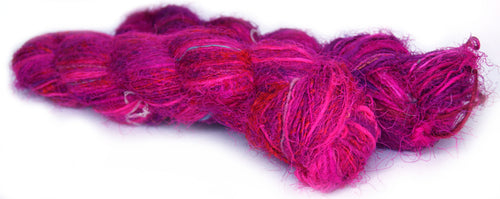 Bright pink and purple spun recycled sari yarn Australia