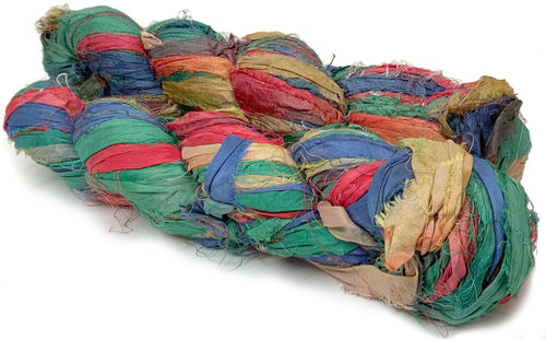 Rainbow striped recycled sari ribbon yarn Australia