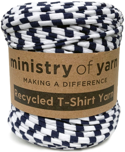 white and blue stripe recycled tshirt yarn Australia