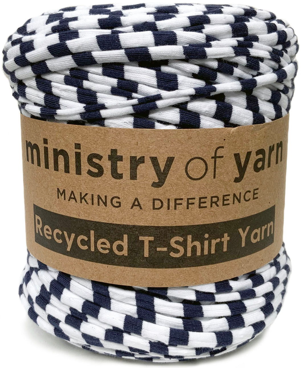 white and blue stripe recycled tshirt yarn Australia